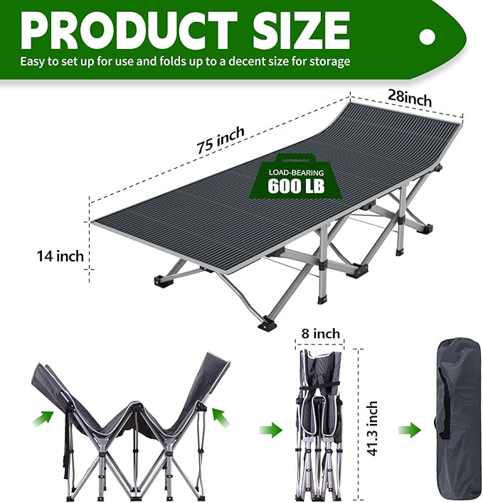 NAIZEA Folding Camping Cots for Adults, Portable Cot with Mattress Heavy Duty Outdoor Bed with Carry Bag 1200d Oxford Cloth Sleeping Cots for Camping Office Nap Home Guest Beach Travel