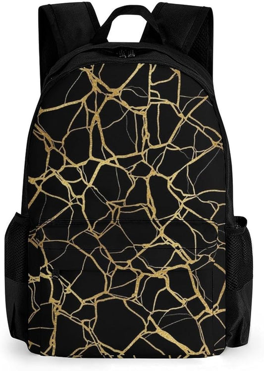 Supdreamc Lightweight Rucksack for Sports Travel Running, Big Capacity Multipurpose Anti-Theft Bookbag, Gold Black Marble Texture Travel and Sport Backpack Rucksack