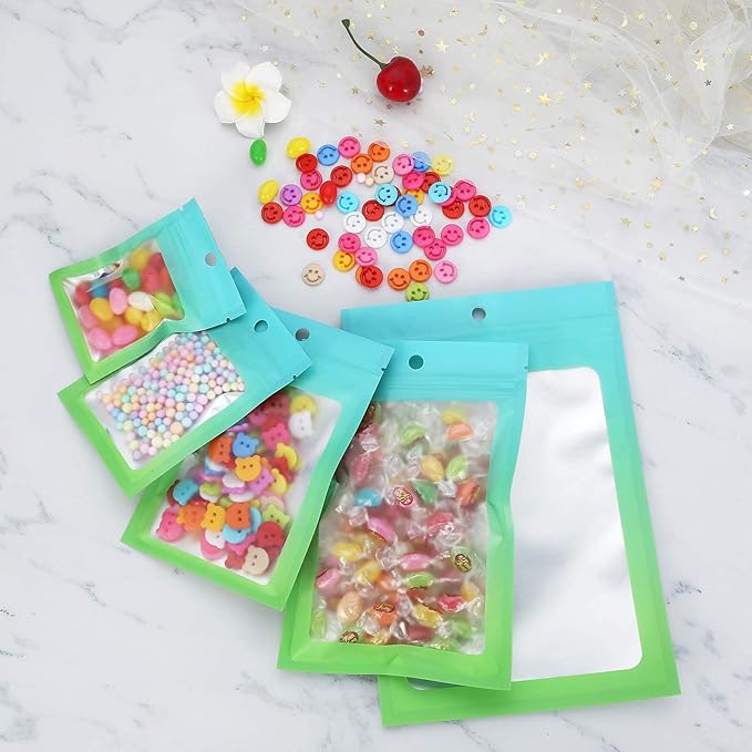 100 Pcs Resealable Mylar Bags, Gradient Color Food Storage Bags, Zip Bag Foil Bags Packaging Pouch for Food Storage, Sample, Small Business (Blue Green, 2.7 X 3.9 Inch)