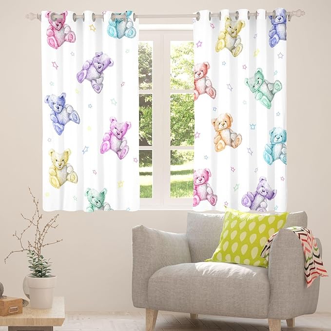 Colorful Bears Window Curtain | Girly Princess Blackout Curtain for Teens Bedroom Decor,Cartoon Bear Curtains Dreamy Coquette Living Room Top 2 Panels,42Wx90L