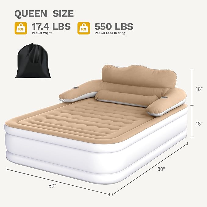 DWVO Queen Size Air Mattress with Headboard & Cup Holders, Blow Up Bed with Built-in Pump & Carry Bag, Fast Inflation Air Bed for Home, Guests & Camping, 60" x 80" x 36", Brown