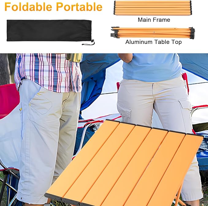 Tesouro Portable Camping Table,Folding Side Table Aluminum Top for Outdoor Cooking, Hiking, Travel, Picnic (Apricot-Large)