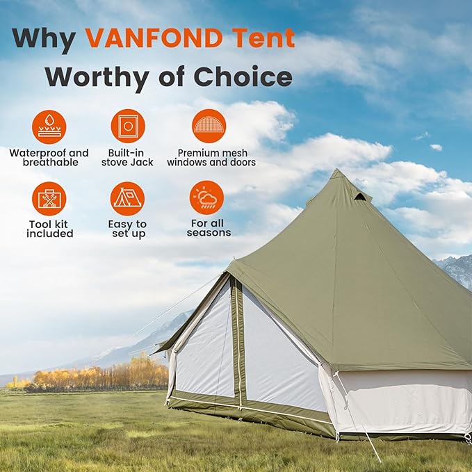 Canvas Bell Tent - 4 Season Glamping Tent with Stove Jack for Family Camping - Assorted Colors, Waterproof