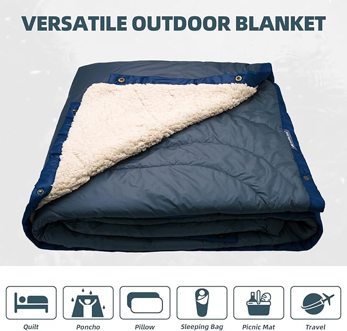 Outdoor Camping Blanket with Sherpa Lining, Extra Warm Thick Camp Blankets and Puffy Ultralight Soft Poncho DWR Camping Quilt for Cold Weather, Adventure, Sleeping, Backpacking 78"x 56"