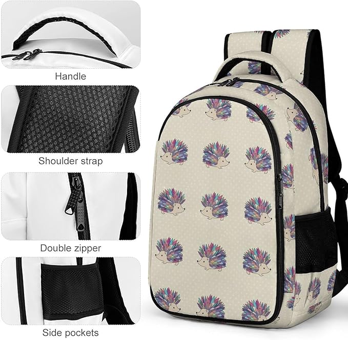 Cute College Laptop Backpack Hedgehog Polka Dot, Sturdy Travel Business Bag with Tumbler Holder Gifts for Nurse Teacher Women