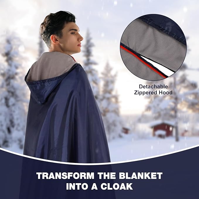 REDCAMP Large Waterproof Stadium Blanket with Hood for Cold Weather, Soft Warm Fleece Camping Blanket Windproof for Outdoor Sports, Dark Blue/Grey