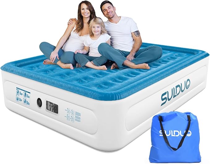 Luxury Air Mattress Queen with Built in Pump, 18'' High Double Blow Up Mattress, Self Inflating Air Bed with Flocked Top and Carry Bag, Durable Portable Airbed for Home Guest and Camping, Blue