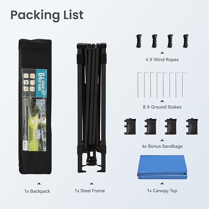 PHI VILLA 8x8ft Pop Up Canopy Tent Instant Portable Shelter One Push Tent Canopy, 4 Weight Bags, Slanted Legs-Blue