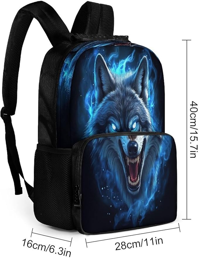Men Women Polyester Blue Fire Flame Wolf Daypack Big Capacity Shoulder Bag With Smooth Zippers for Hiking Work Walking Cycling
