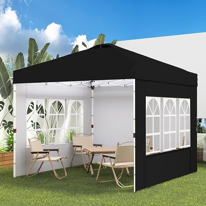 Shades 10x10 Pop Up Canopy with 3 Sidewalls & 4 Sandbags,Heavy Duty Beach Tent with Portable Bag,Sun Shelter for Parties,Events,Outdoor Gazebo with 420D Coated Waterproof Black Fabric