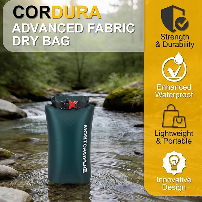 CORDURA Waterproof Dry Bag 5L – Heavy Duty IPX6 Roll Top Sack with Survival Whistle for Kayaking, Camping, Boating, Beach – Lightweight Dry Backpack (Dark Green)