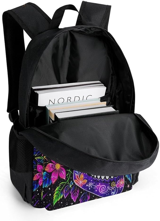 Supdreamc Rucksacks Multipurpose Anti-Theft Big Capacity Bookbag, Sugar Skull Flower Feathers Art Travel Hiking Camping Rucksack With Padded Straps