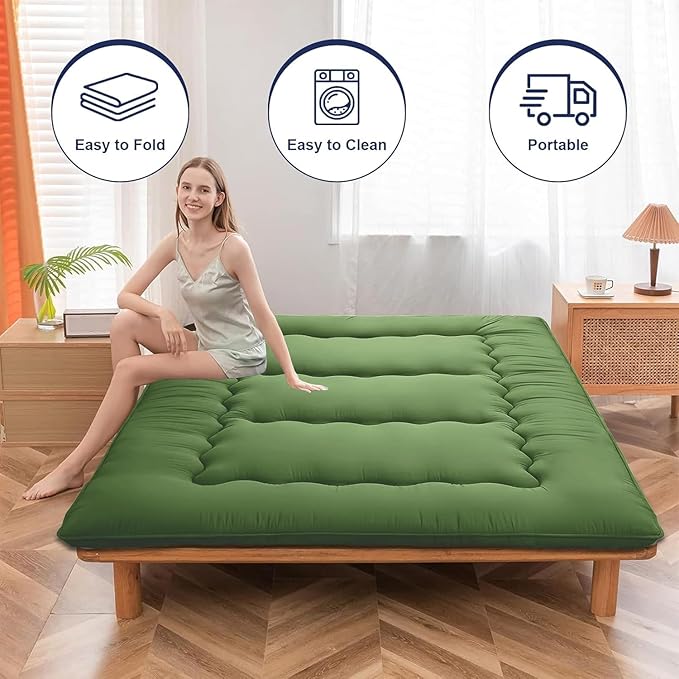Japanese Floor Mattress,Thicken Japanese Floor Sleeping Pad Foldable,Roll Up Tatami Mat Easy to Store and Portable,Futon Mattress Suitable for Camping and Guest Room (Green, Full (80" X 47"))