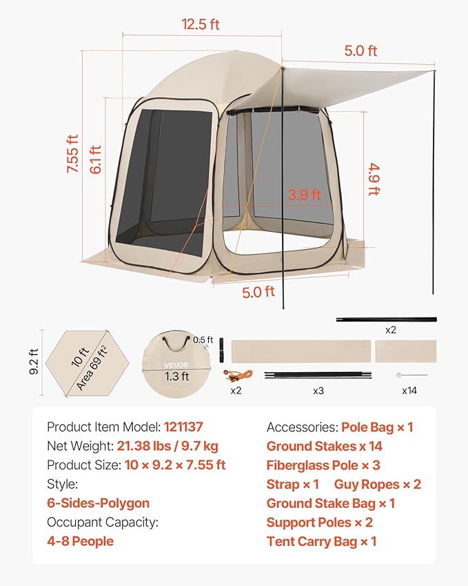 Pop Up Screen House Tent VEVOR 10 x 9.2 FT Pop-Up Screen Room with Awning, Portable Screen Tent Gazebo for 4–8 Person, Instant Screen Canopy with Carry Bag for Patio Backyard Camping