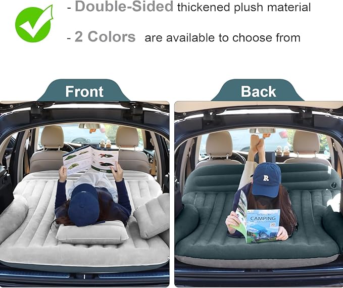 SUV Air Mattress, Double-Sided Thick Flocked Car Air Mattress with Built-in Pump & Pillow, Complete Sleeping Accessories for Auto Camping & Road Trips（Light Grey）