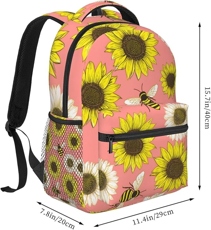 Shoulder Book Bags Polyester Multipurpose Anti-Theft Bee Sunflowers Carry On Bag Large Capacity Travel Hiking Camping Rucksack