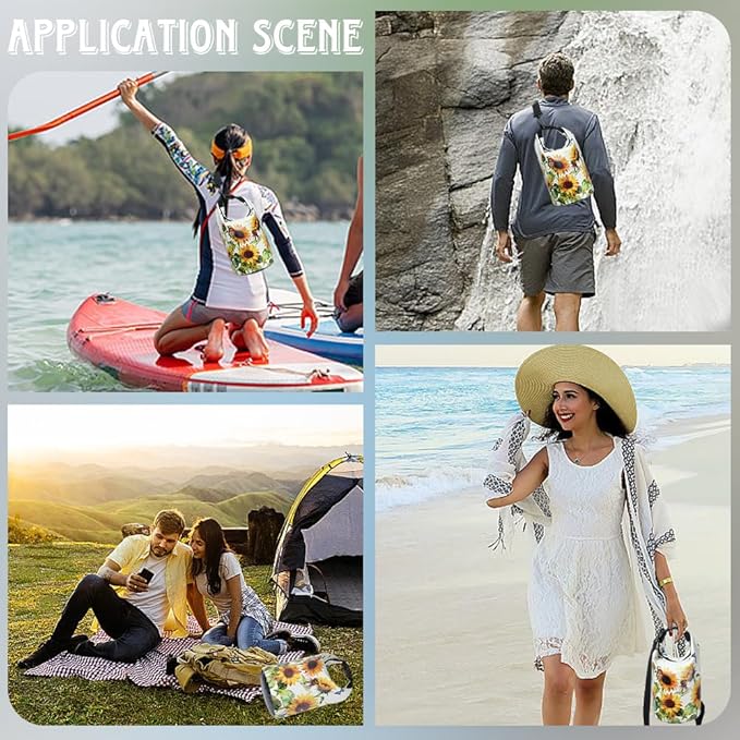 Floating Waterproof Dry Bag Backpack 5L Lightweight Sunflower Butterfly Pattern PVC Roll Top Dry Sack for Kayaking Boating Camping Fishing Swimming Beach Rafting Hiking Outdoor Activities