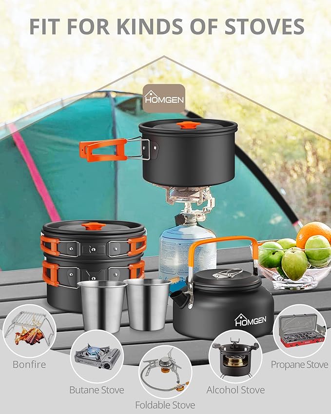 HOMGEN 12-Pieces Ultralight Anodized Aluminum Camping Cookware Set for 2 People - Nesting Pot/Pan with Foldable Handles 800ml Insulated Teapot & Stainless Cups for Camping Hiking
