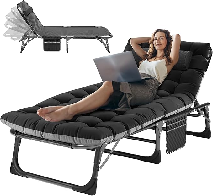 ABORON 3-in-1 Folding Lounge Chair with Padded Cushion, 440LB Heavy-Duty 3-Fold Adjustable Recliner & Guest Bed, No Assembly Portable Chaise Lounge for Patio, Poolside, Office Nap & Camping