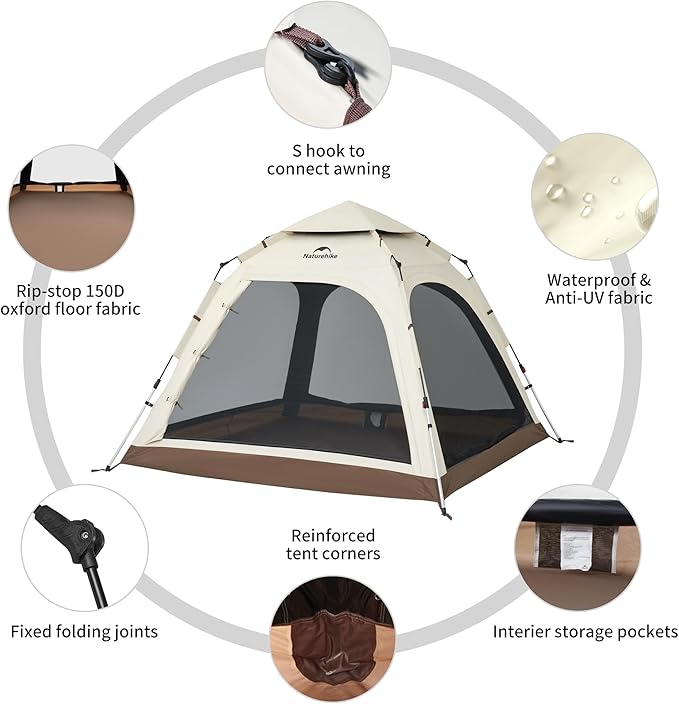 Naturehike Upgraded Ango 3-4 Person Blackout Tent,Instant Pop up Tents for Camping, Waterproof Anti-UV Camping Tent