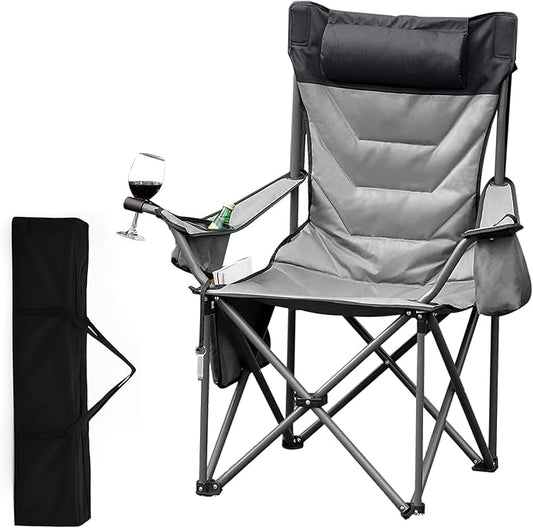 Oversized Padded Camping Chairs, Hevy Duty Folding Camp Chair - 500Lbs Support for Adults - Comfortable Camping Chair with High Back & Pillow, 1 Pack