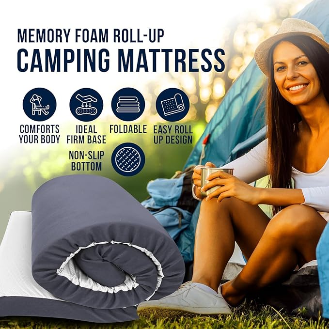 Foamma 3" x 54" x 80" Memory Foam Roll-Up Camping Mattress with Water Resistant Zipper Cover, Foldable and Portable for Camping, RV Bunk, Tent, Guest Bed, Outdoor and Dorm, CertiPUR-US Certified Foam
