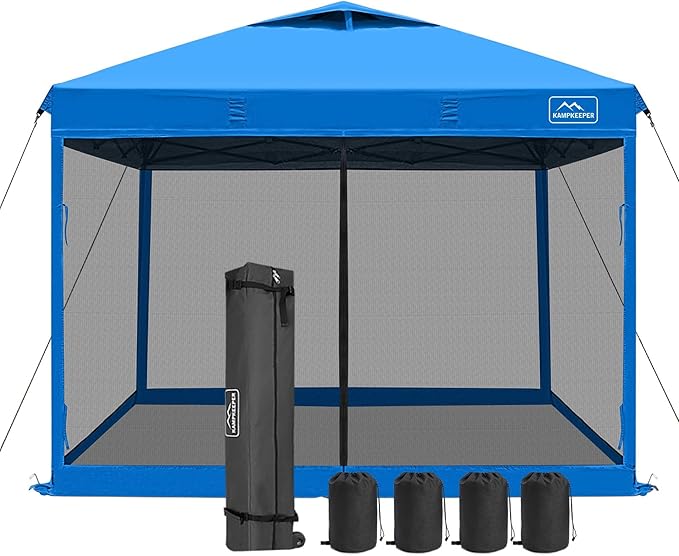 KAMPKEEPER 10x10 Pop-Up Canopy Tent, Waterproof, Portable Shade with Side Walls, Adjustable Instant Outdoor Shelter for Camping, Backyard, and Events, Light Blue