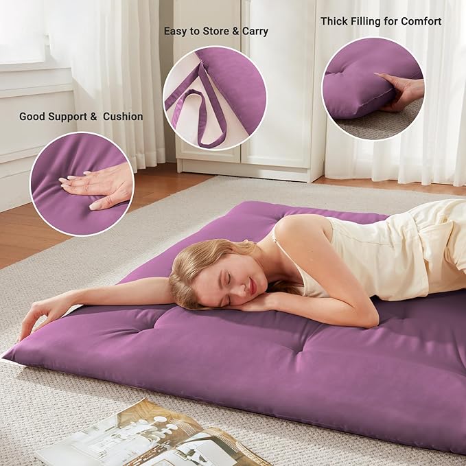 Japanese Floor Futon Mattress Full Size 54"x 80", Foldable Floor Bed Mattress, Portable Tatami Mat Sleeping Pad, Folding Futon Cushion, Roll Up Floor Lounger for Guest Room Dormitory (Purple)
