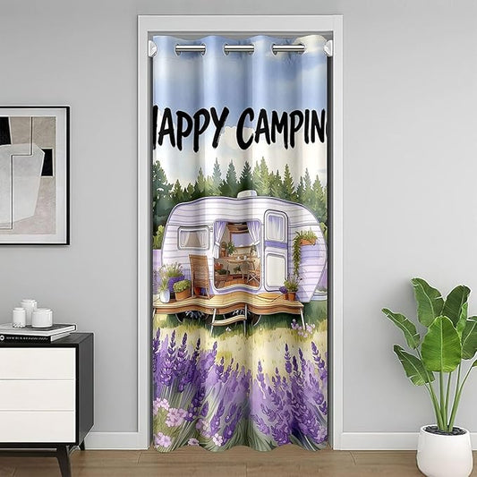 Happy Camping Doorway Curtains Privacy Adults - Rustic Farmhouse Camper Trailer Blackout Curtain Purple Lavender Floral Closet Door Curtain Rustic Cozy Outdoor Camping Room Divider Drape 42"W x 84"L