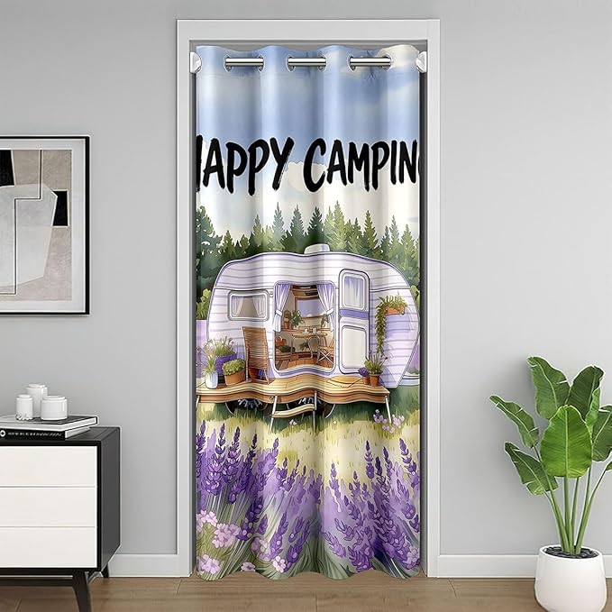 Happy Camping Doorway Curtains Privacy - Rustic Farmhouse Camper Trailer Blackout Curtain Purple Lavender Floral Closet Door Curtain Rustic Cozy Outdoor Camping Room Divider Drape 34"W x 80"L