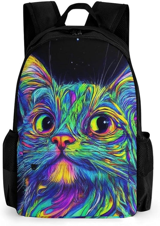 Daypack Bookbag Multipurpose Anti-Theft Big Capacity Carry On Bag, Colorful Trippy Cat Travel Hiking Camping Rucksack With Padded Straps