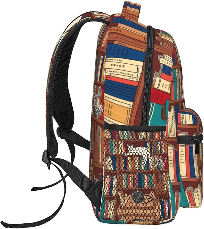 Daypack Bookbag Multipurpose Anti-Theft Big Capacity Carry On Bag, Book Lover Catsleeping Over Bookshelf In Library Art Travel Hiking Camping Rucksack With Padded Straps
