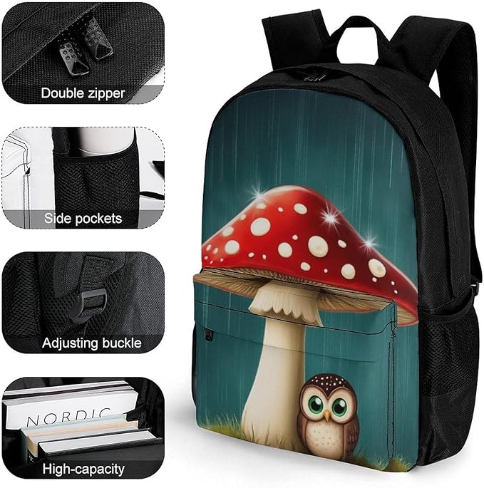 Shoulder Book Bags Polyester Multipurpose Anti-Theft Cute Owl Mushroom Carry On Bag Large Capacity Travel Hiking Camping Rucksack