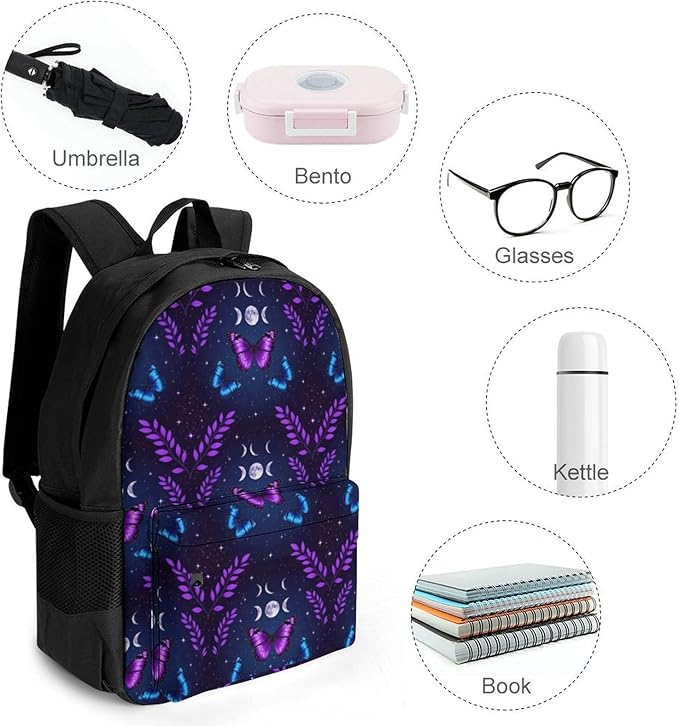 Supdreamc Polyester Daypack Backpack for Climbing Outdoors Running, Big Capacity Multipurpose Anti-Theft Bookbag, Magic Moon Moth Butterfly Mystical Goth Astrology Art Travel Hiking Camping Rucksack