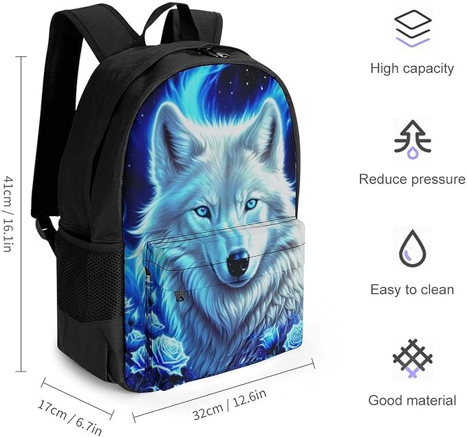 Polyester Daypack Bookbag for Gym Business Bicycle, Large Capacity Multipurpose Anti-Theft Carry On Bag, White Galaxy Wolf With Blue Rose Travel Hiking Daypack