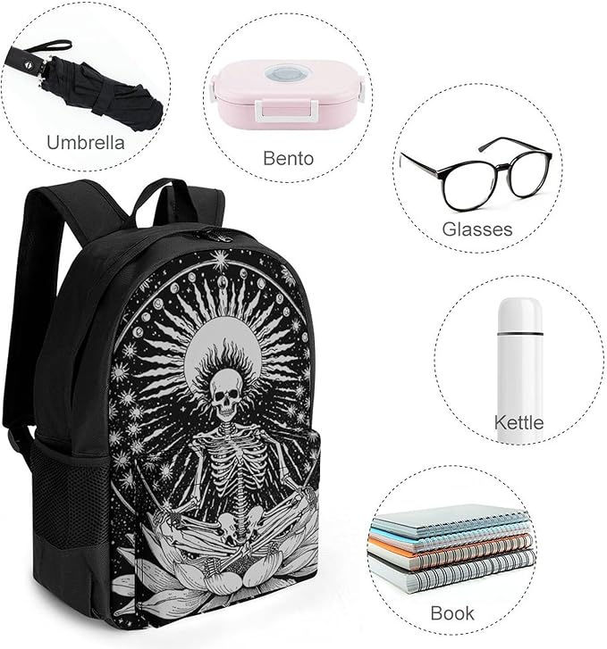 Women Men Polyester Seven Star Meditation Skeleton Skull Black Casual Daypack Large Capacity Bookbag With Side Pockets for Sports Picnic Walking Cycling