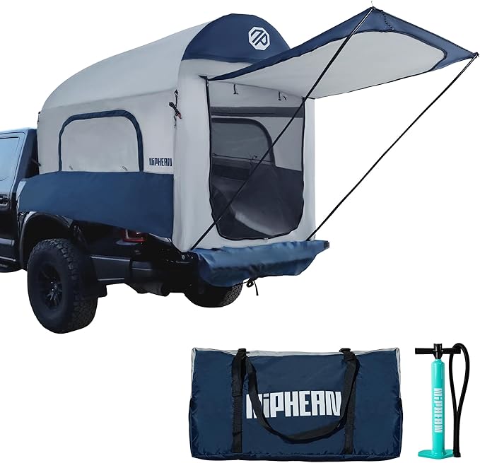 Niphean Truck Bed Tent 5.5ft with Awning Shade, 2 Mins Fast Setup Inflatable Pickup Truck Tent, for 2+1 People, PU 3000mm Waterproof, UPF 50+ Sunproof & High-Strength Windproof, Camp Anywhere You Park