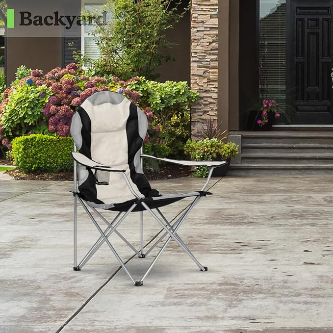 Portable Camping Chair with Back Support, Folding Outdoor Padded Lawn Chair with Cup Holder Storage for Hiking, Lawn, Concert, Fishing, Iron Frame, 600D Fabric
