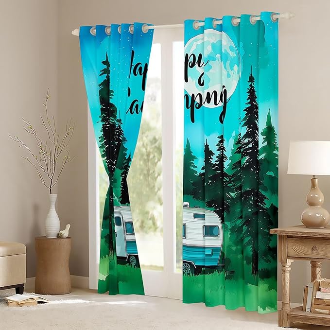 Erosebridal Happy Camping Window Curtains 38" Wx45 L Camper Blackout Curtains for Bedroom Living Room,Cartoon Spring Rv Travel Window Treatments Outdoor Adventure Drapes Decor 2 Panels