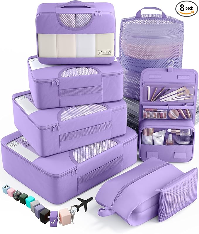 Veken 8 Set Packing Cubes for Travel Essentials, Suitcase Organizer Bags in 4 Sizes, Carry-On Luggage Accessories with Large Laundry & Hanging Toiletry Bag, Must-Have for Airplane, Road Trip & Camping