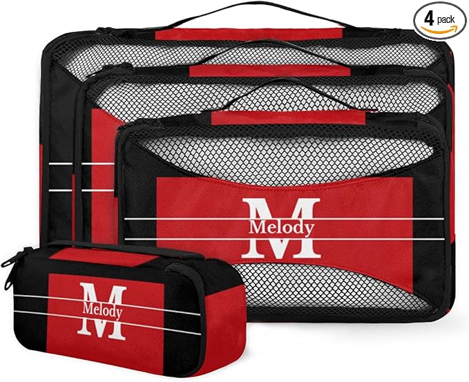 4pc Personalized Name Packing Cubes for Travel - Luggage Packing Organizers - Travel Packing Cubes for Suitcases, Red with Black, Initial Letter