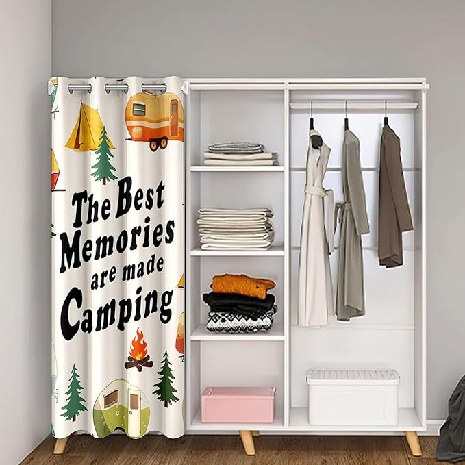 Cartoon Camper Kids Door Curtain,Tent Bonfire Campfire RV Trailer Blackout Curtain,Pine Tree Daisy Flower Rustic Bedroom Doorway Living Room Decor,Cream Privacy Door Drape 1 Panel,60" W X 80" L