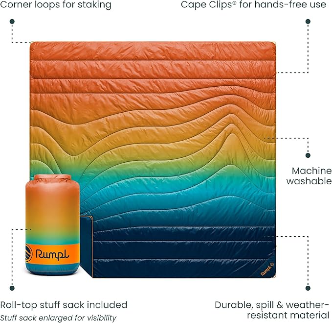 Rumpl Original Puffy Blanket - Warm Puffy Camping Blanket, 100% Recycled Polyester Insulation, Lightweight, Packable, Water-Resistant, Outdoor Puffer Blanket, 84"x80", Baja Fade
