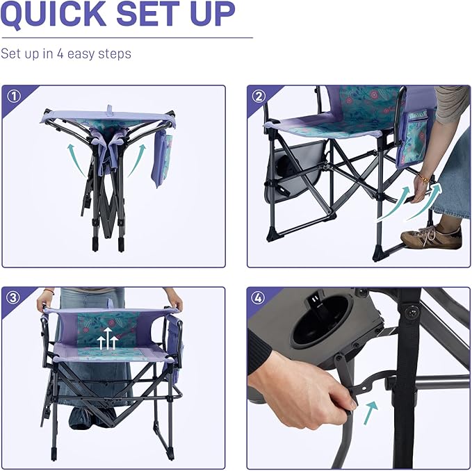 EVER ADVANCED Camping Directors' Chair with Side Table, Portable Folding with Compact Size, Heavy Duty Lawn Chair with Pocket for Camping, Lawn, Sports and Fishing, 400lbs, Purple