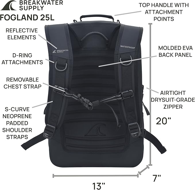 Breakwater Supply™ Fogland Waterproof IP68 Submersible Backpack with Airtight Zippers | Laptop Travel Outdoors | 25L 20L 15L | 100% Waterproof, Submersible, Airtight Zippers, Travel Outdoors