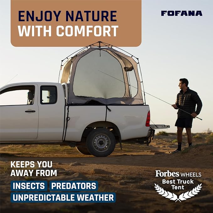 Fofana Pop-Up Truck Bed Tent - Mid-Size, 2-Person, Gray - Quick Setup Pop-Up Tent for Camping - Waterproof Sewn-in Floor & Camping Gear Organization - Mesh Windows & Ventilation for Truck Bed Dome