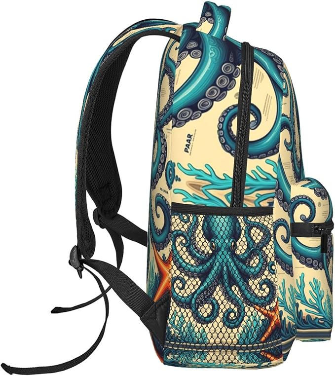 Men Women Polyester Retro Octopus Art Daypack Bookbag Big Capacity Shoulder Bag With Padded Straps for Climbing Travel Walking Cycling