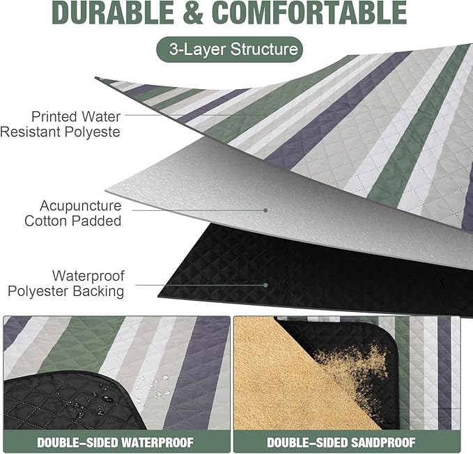 Picnic Blankets Outdoor Extra Large - 80"x80" Portable Waterproof Picnic Blanket, Machine Washable 3-Layer Foldable Picnic Mat with Sandproof Backing for Grass, Park, Hiking, Concerts (GreenStrip)