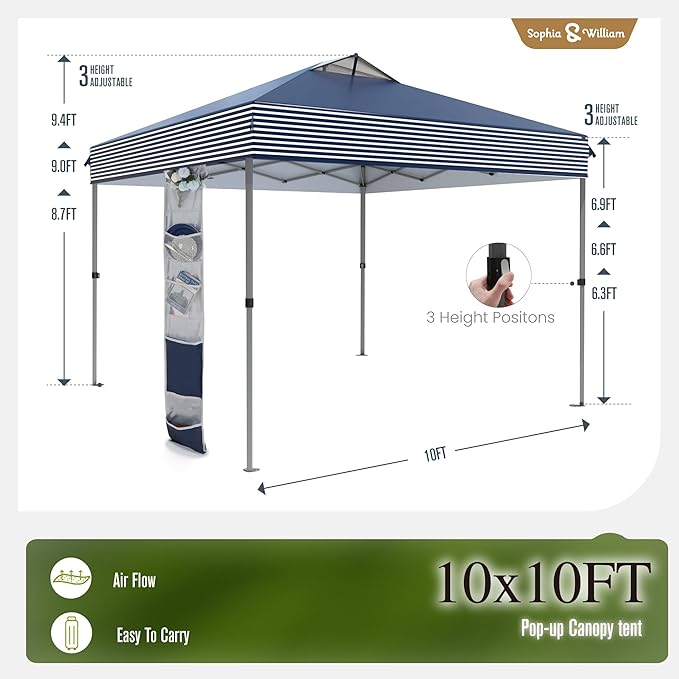Sophia & William Canopy Tent Pop Up 10x10 ft One Person Push Set Up Tent, Outdoor Canopies Shelter Heavy Duty Straight Legs with 4 Sandbags & Guy Ropes, 1 Roller Bag & Storage Bag, 8 Stakes UPF50+