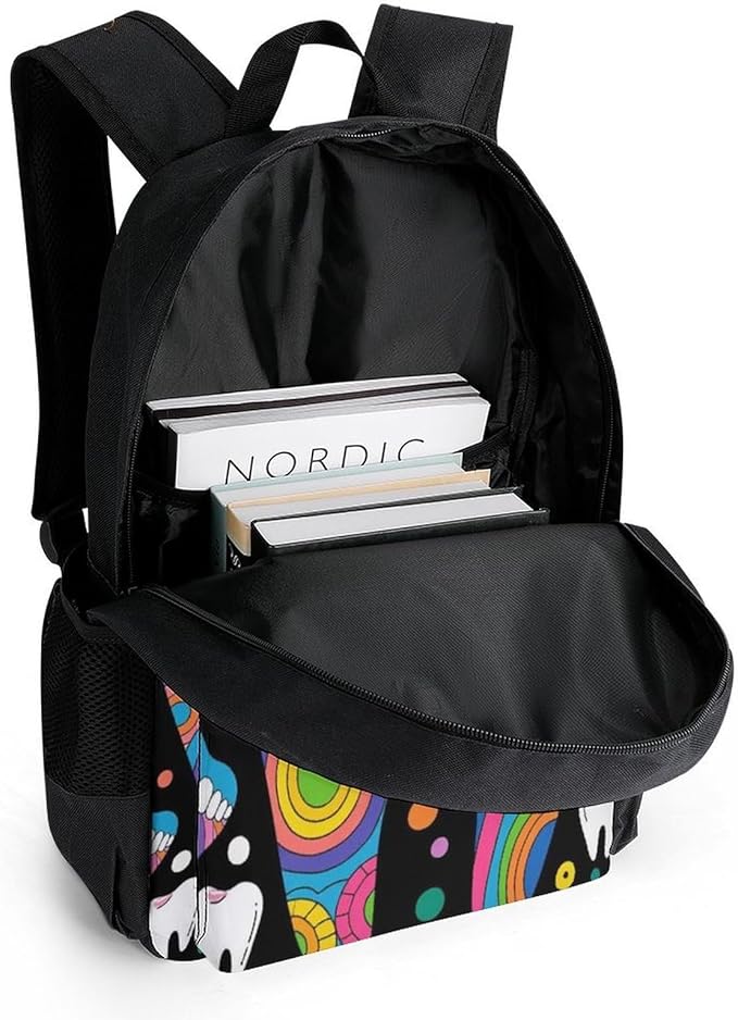 Daypack Bookbag Multipurpose Anti-Theft Big Capacity Carry On Bag, Cartoon Teeth Dental Art Travel Hiking Camping Rucksack With Padded Straps